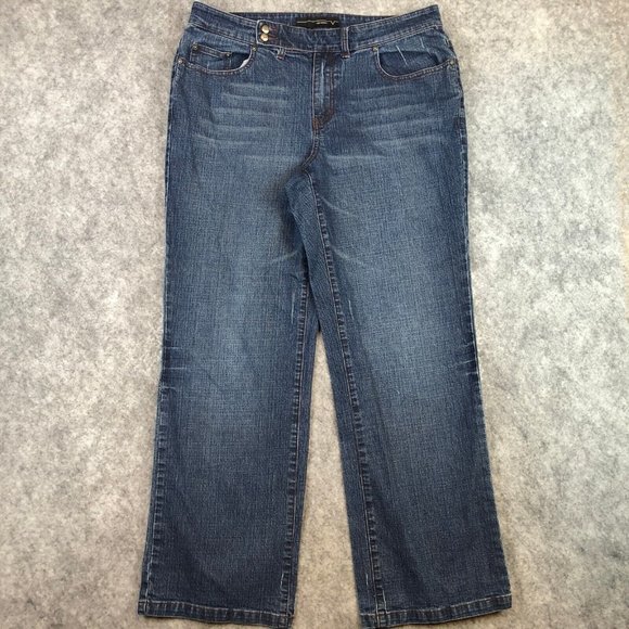 Venezia Jeans 14 Mid Rise Bootcut Dark Wash Distressed Stretch Womens Whiskered - Picture 1 of 12